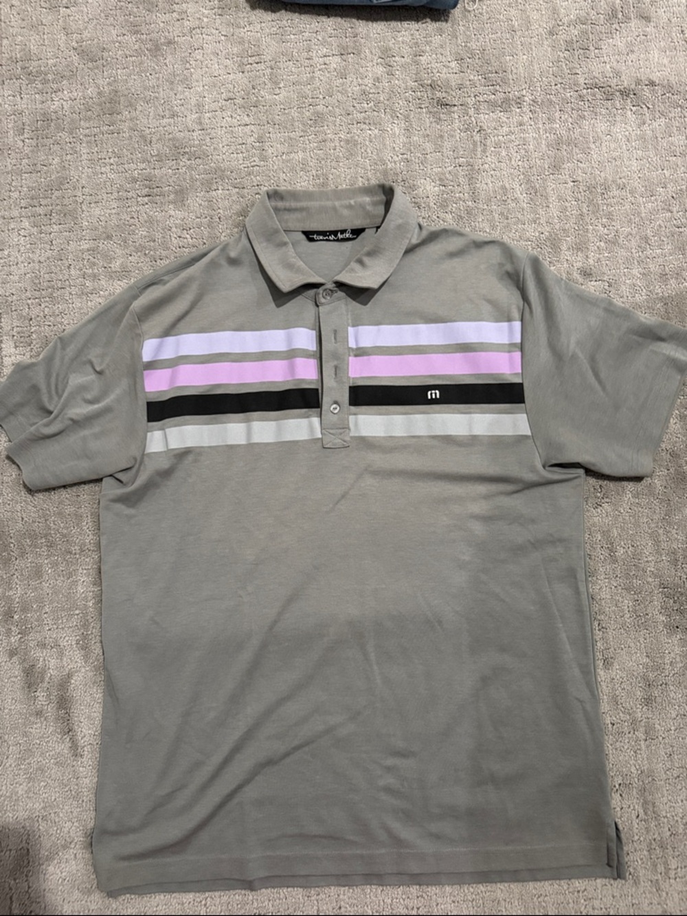 TravisMathew Gray Polo with Pink and Black Stripe Accents